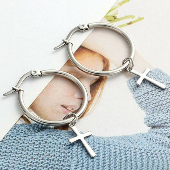 NWOT 25mm Silver Cross Huggie Earrings - Picture 7 of 16